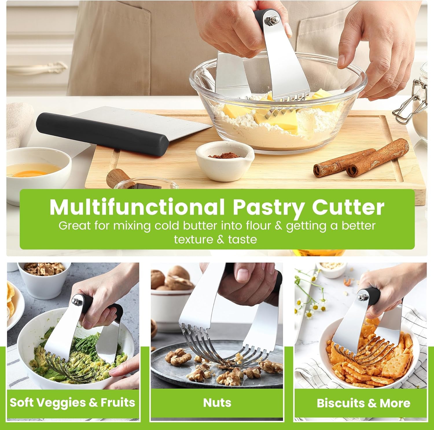 Dough Blender & Pastry Cutter Tool, Stainless Steel Pastry Blender & Bench Scraper for Pizza, Nut, Pie - Multipurpose Dough Cutter & Scraper Tool for Baking with Soft Grip Handles - Black