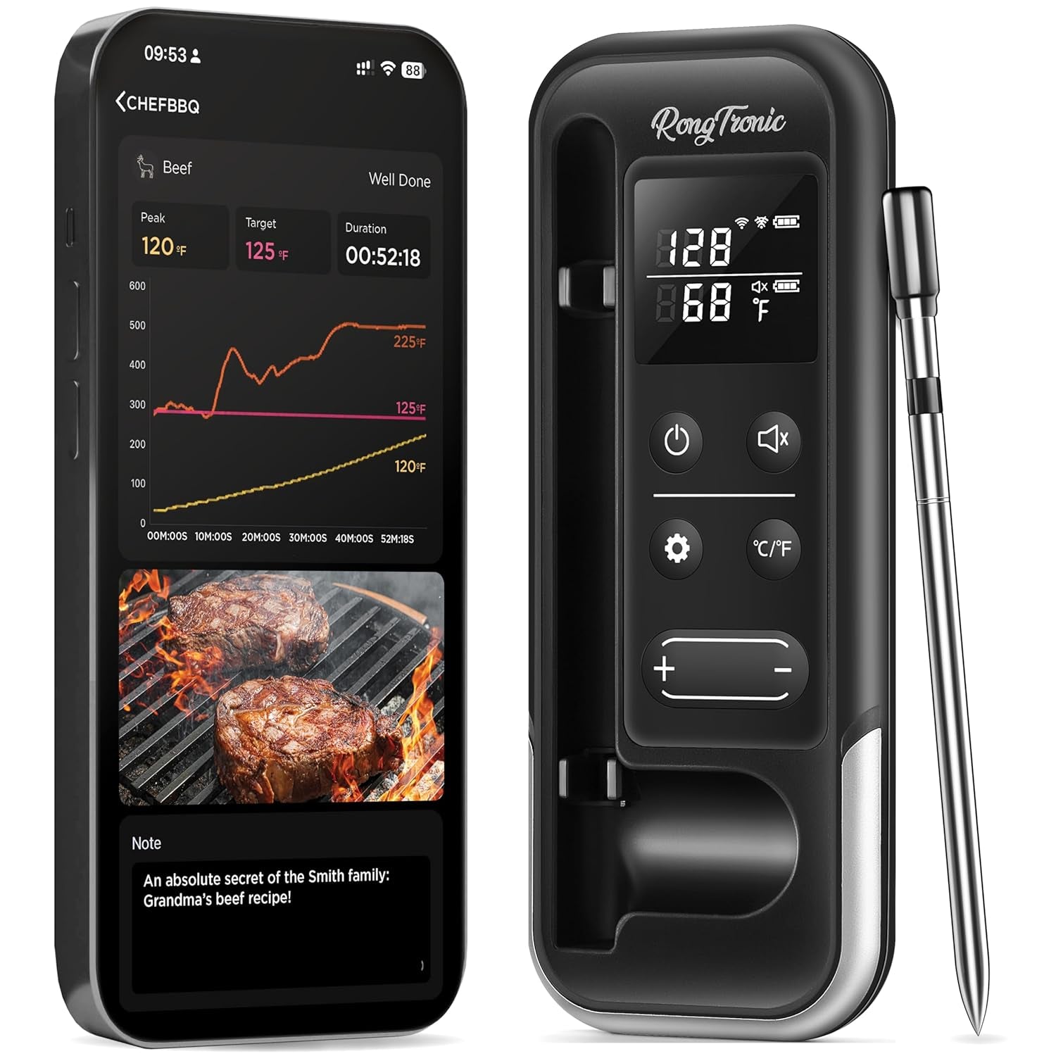 Smart Bluetooth Wireless Meat Thermometer, 800FT Digital Food Thermometer for Remote Monitoring with Ultra-Thin Probe, Instant Read, Standalone Display Base, for Kitchen Cooking BBQ Grill Oven Smoker