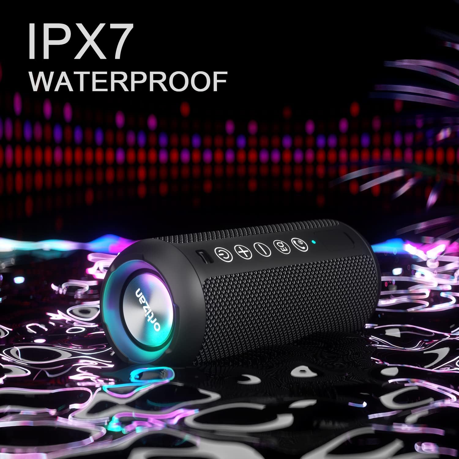 Portable Bluetooth Speaker: IPX7 Waterproof, 24W Loud Sound, Deep Bass, Bluetooth 5.3, LED Lights, Wireless Stereo Pairing, 30H Playtime, for Home/Outdoor/Party/Beach, Birthday Gift (Black)