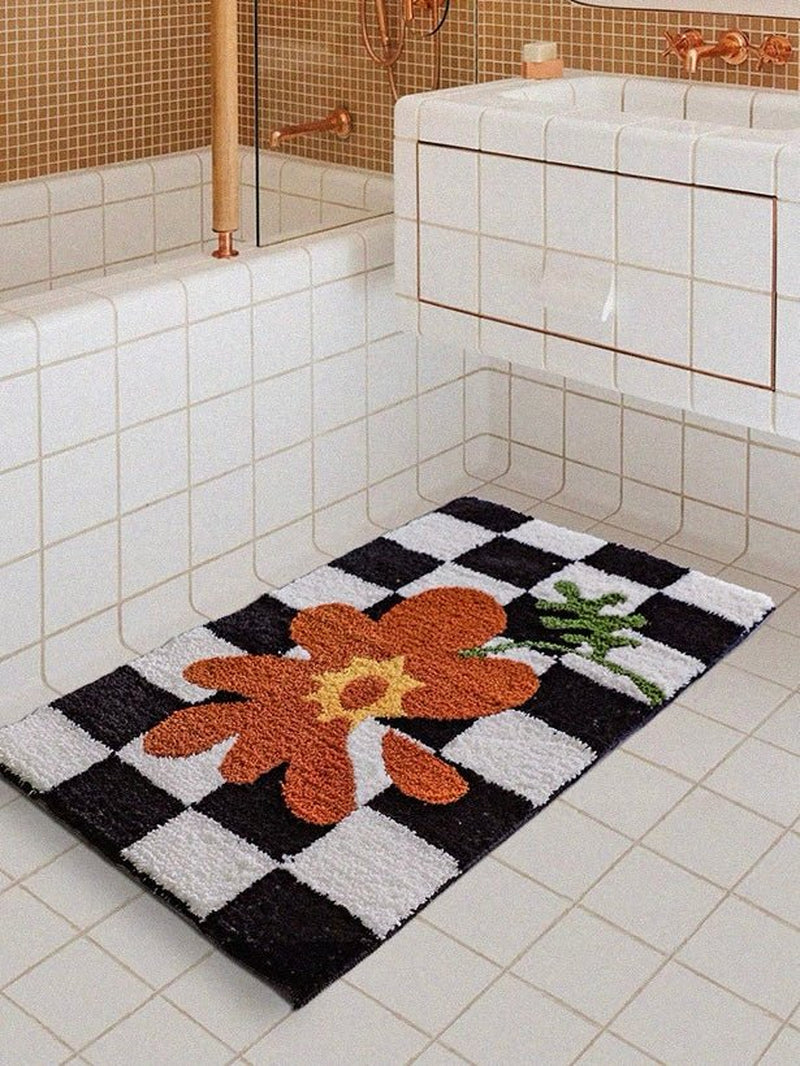 Soft Contemporary Floral Checker Bath Rug, Absorbent, Anti-Slippery Mat