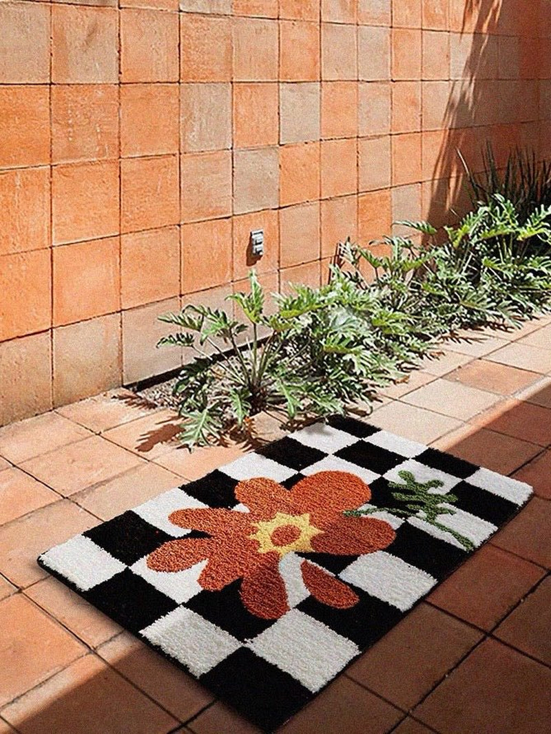 Soft Contemporary Floral Checker Bath Rug, Absorbent, Anti-Slippery Mat
