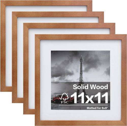 11X11 Picture Frames 4 Pack Covered by Plexiglass, Display Pictures 8X8 with Mat or 11X11 without Mat Made of Solid Wood for Table Top Display and Wall Mounting Photo Frame, Light Brown