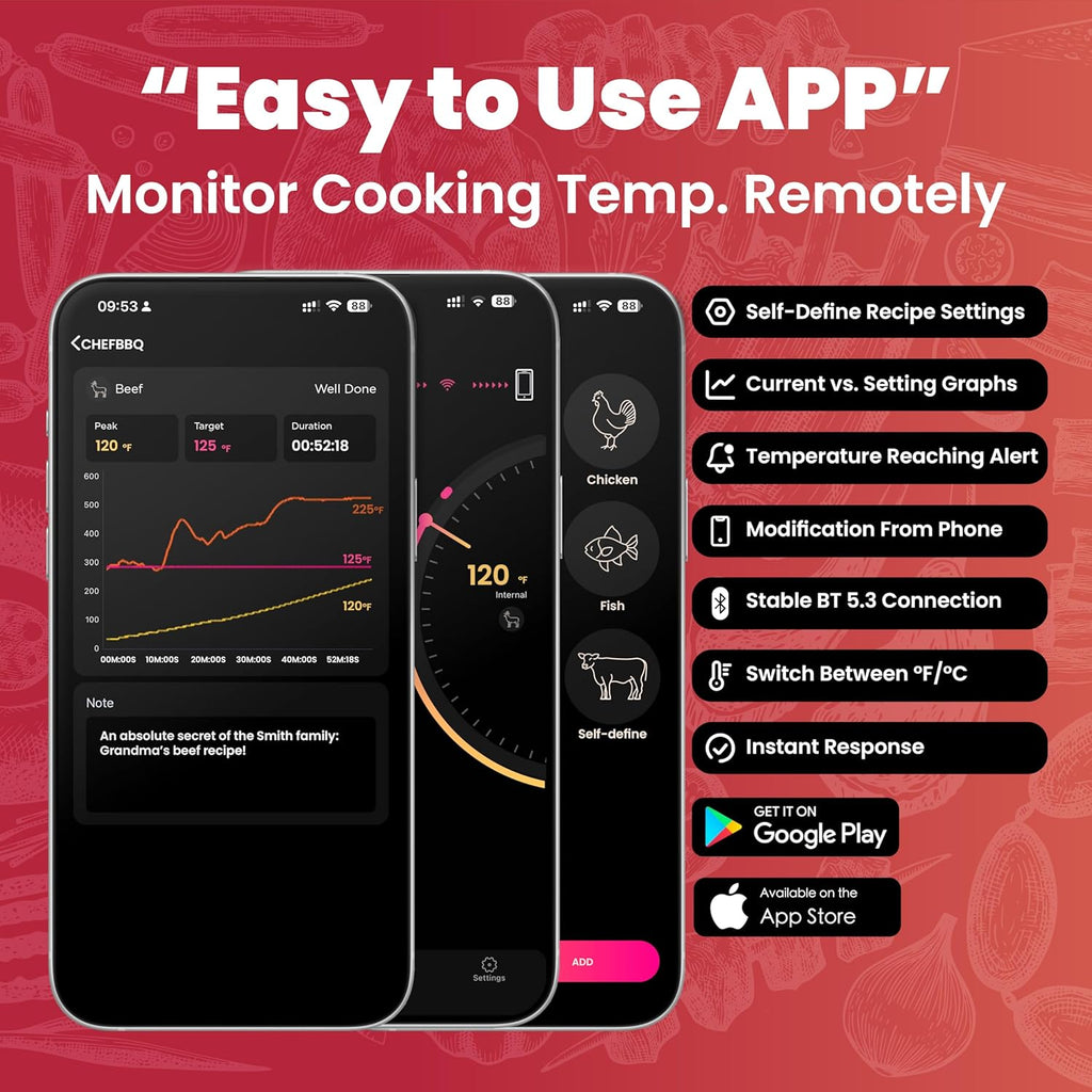 Smart Bluetooth Wireless Meat Thermometer, 800FT Digital Food Thermometer for Remote Monitoring with Ultra-Thin Probe, Instant Read, Standalone Display Base, for Kitchen Cooking BBQ Grill Oven Smoker