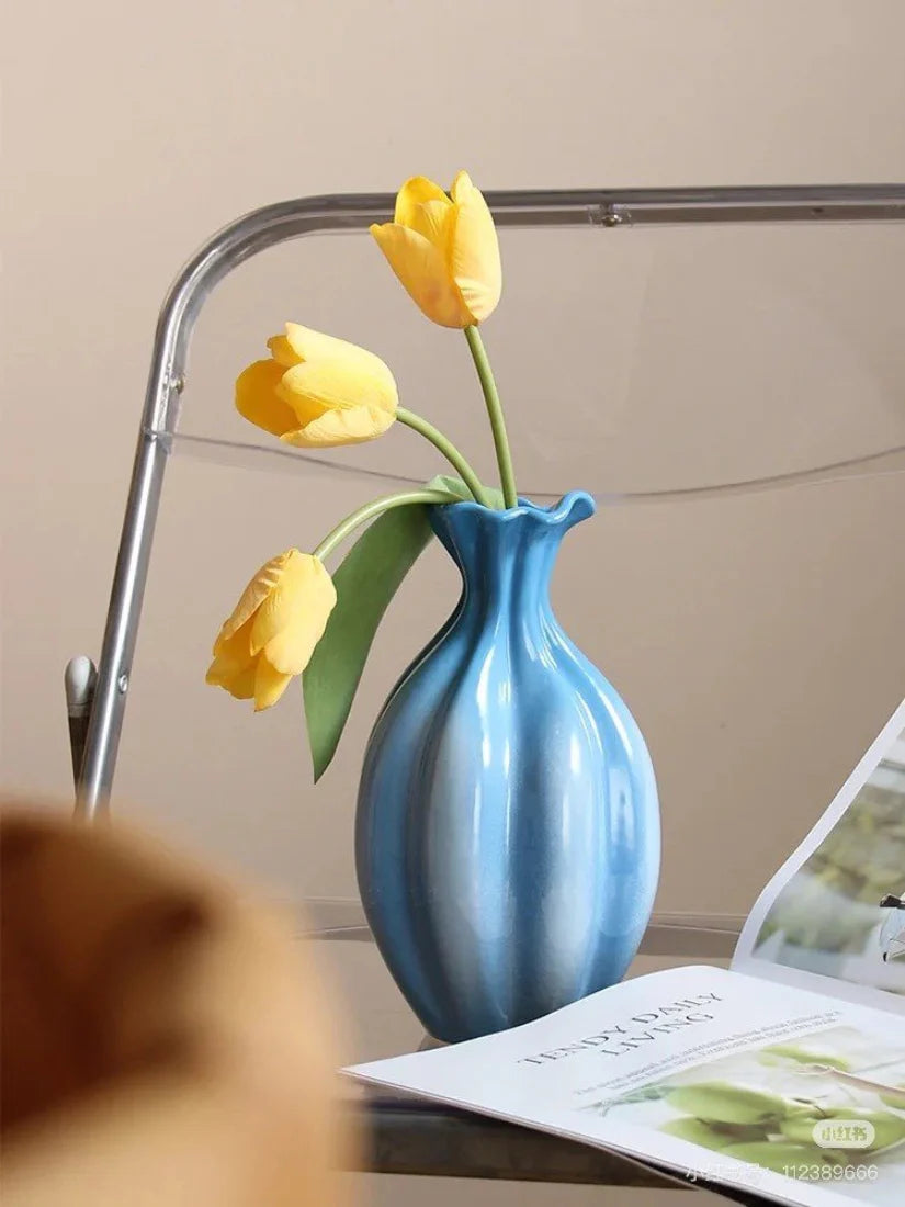 Handcrafted French Style Gradient Blue Ceramic Vase - Unique Flower Vessels