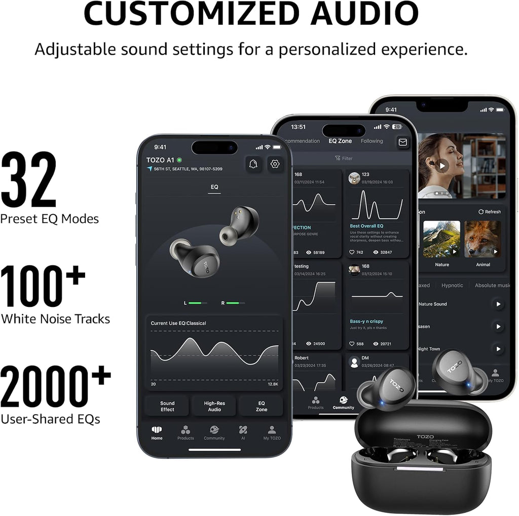 A1 Wireless Earbuds Bluetooth 5.3 Light Weight in Ear IPX5 Waterproof Headphones 2 Mic for AI Calls, Immersive Premium Sound Bass Headset with Charging Case, 32 Presets EQ Customization via App