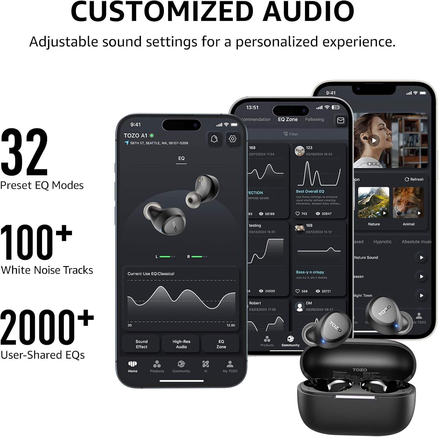 A1 Wireless Earbuds Bluetooth 5.3 Light Weight in Ear IPX5 Waterproof Headphones 2 Mic for AI Calls, Immersive Premium Sound Bass Headset with Charging Case, 32 Presets EQ Customization via App
