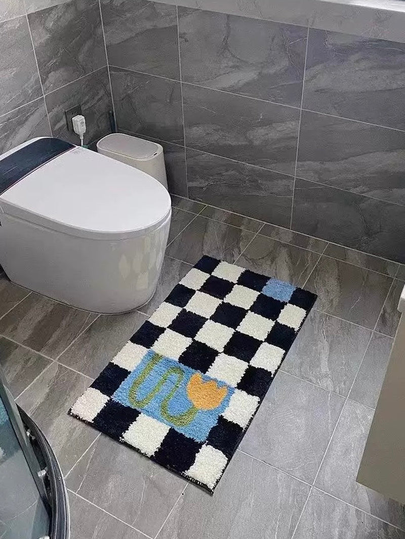 Soft Contemporary Floral Checker Bath Rug, Absorbent, Anti-Slippery Mat
