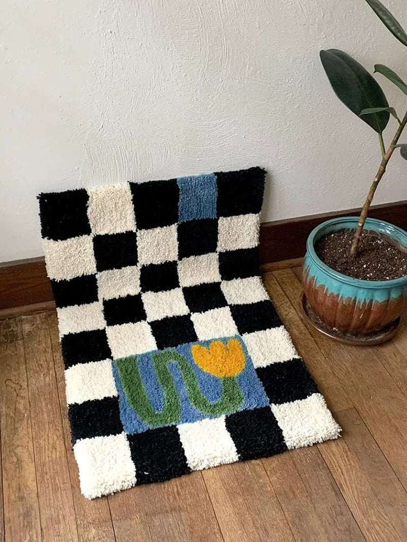 Soft Contemporary Floral Checker Bath Rug, Absorbent, Anti-Slippery Mat